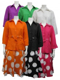 2pc Skirt Set, Linen Type, 3/4 Sleeve, Button Down W/ Tie and Printed Skirt, SHERRY # 89351